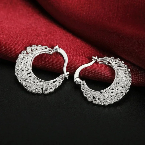 925 Sterling Silver Ornate Ethnic Hoop Earrings - Picture 2 of 6